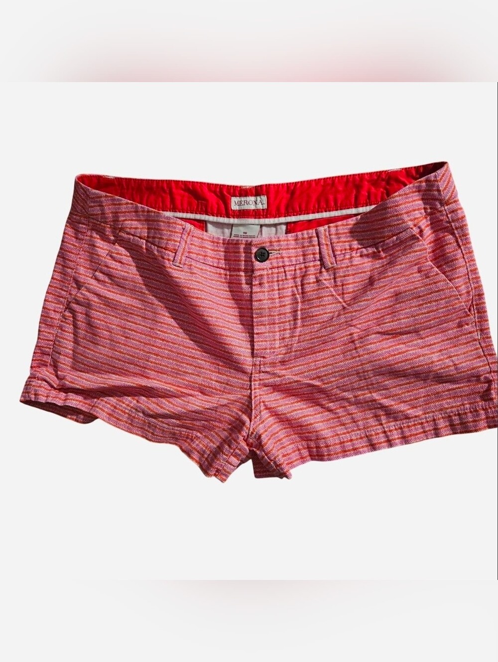 MERONA Pink Orange Chevron Stripe Chino Shorts Size 16 Mid Rise Summer Preppy